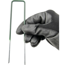 Een hand met tuinhandschoen houdt een groene gazonpen vast.