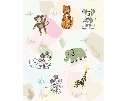 KOMAR Fotobehang vlies IADX4-098 Mickey Safari 200x250 cm Illustratie met aap, luipaard, Mickey Mouse, olifant en giraffe