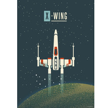 Illustratie van een X-Wing ruimteschip tegen een sterrenhemel