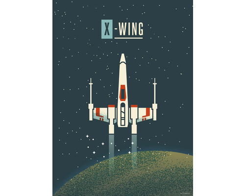 Illustratie van een X-Wing ruimteschip tegen een sterrenhemel