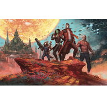 Illustratie van de Guardians of the Galaxy voor een tempelcomplex en ruimteschepen