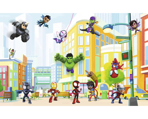 KOMAR Fotobehang vlies IADX8-117 Spidey Sightseeing 400x250 cm Kleurrijk stadsgezicht met verschillende Marvel superhelden