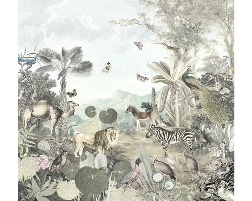 KOMAR Fotobehang vlies IAX6-0052 Peace & Harmony 300x280 cm Behang met jungle motief met dieren zoals kamelen, leeuwen, zebra''s en pauwen