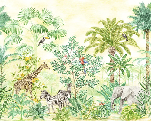 KOMAR Fotobehang vlies IAX7-0010 Jungle Adventure 350x280 cm Illustratie van een junglelandschap met dieren zoals olifanten, zebra''s en giraffen