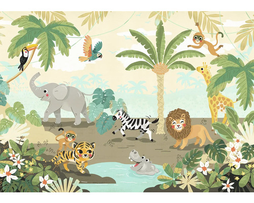 KOMAR Fotobehang vlies IAX7-0054 Baby Safari 350x250 cm Illustratie met jungle dieren en tropische vegetatie.