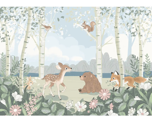 KOMAR Fotobehang vlies IAX7-0055 Today's Story 350x250 cm Illustratie van een bosscène met verschillende dieren zoals een ree, beer, vos, haas, eekhoorn en vogel tussen berkenbomen