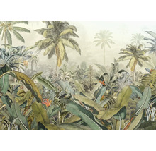 Illustratie van een tropisch landschap met palmbomen en weelderige vegetatie
