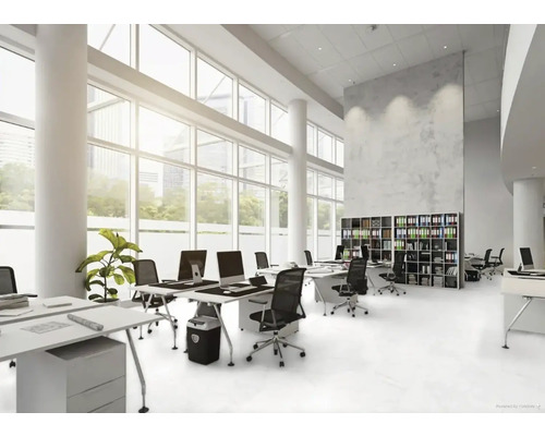 Licht kantoor met bureaus, bureaustoelen en stellingen