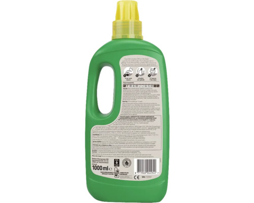 Groene fles vloeibare meststof met gele dop.