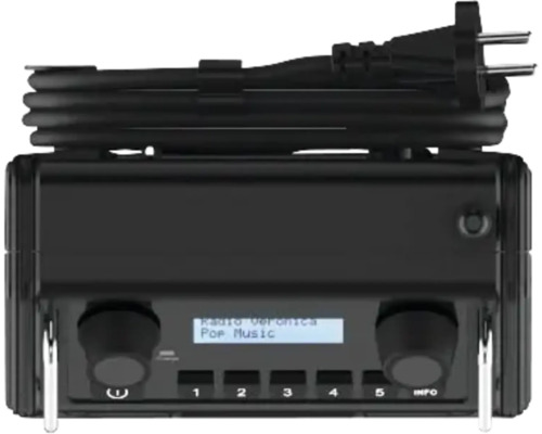 Zwarte digitale radio met draaiknoppen en display