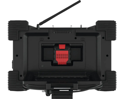 Achteraanzicht van een bouwradio met antenne