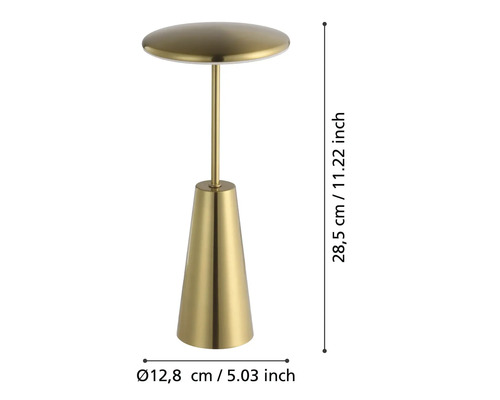 Goudkleurige bijzettafel met afmetingen 28,5 cm hoog en 12,8 cm diameter.
