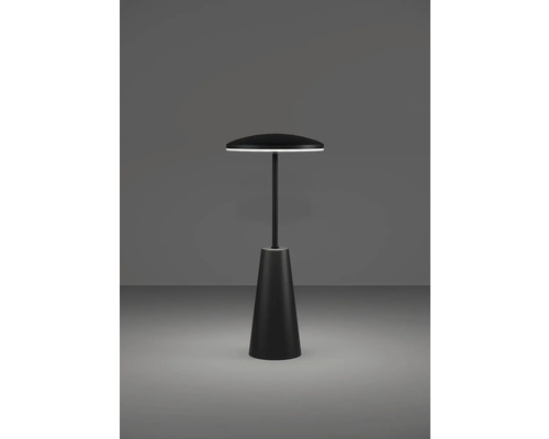 Zwarte staande lamp met ronde vorm en kegelvoet.