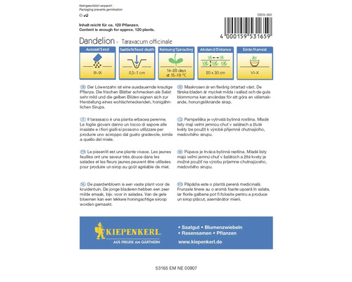 Paardenbloem zaadverpakking met informatie over zaaien, zaaidiepte, kieming, afstand en oogst