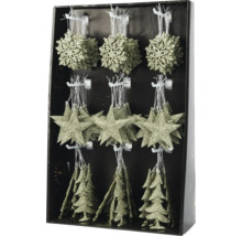 Verpakking met kerstboomversiering in de vorm van sterren, sneeuwvlokken en kerstbomen