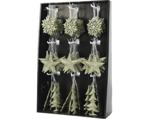 Verpakking met kerstboomversiering in de vorm van sterren, sneeuwvlokken en kerstbomen