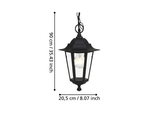 Zwarte hanglamp voor buiten met afmetingen 90 centimeter hoog en 20,5 centimeter diameter
