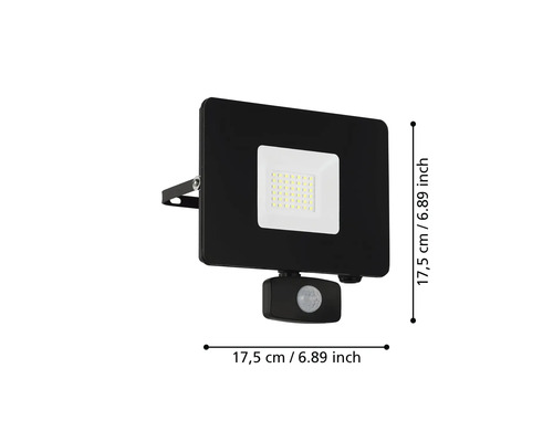 Zwarte LED-spot met bewegingsmelder en afmeting 17,5 cm