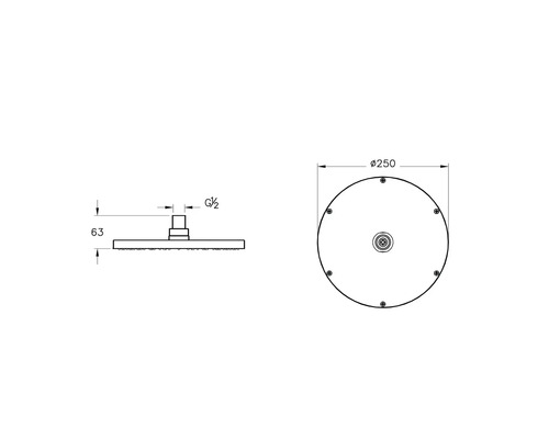Technische tekening van een douchekop met afmetingen
