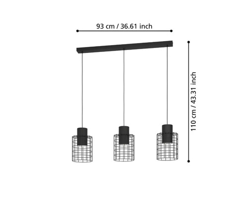 Hanglamp met drie lampen en de afmetingen 93 x 110 cm