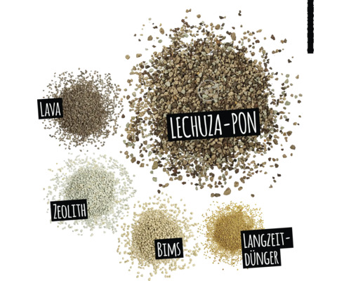 Verschillende soorten plantsubstraten: lava, Lechuza Pon, zeoliet, puimsteen en meststof met lange werking.