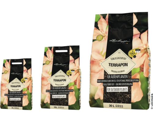 Drie zakken Lechuza Terrapon plantensubstraat voor buitenplanten in verschillende formaten