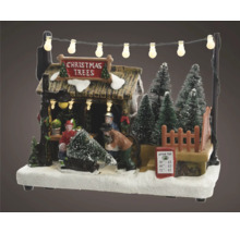 Kerstmarktscène met figuren, kerstbomen en verlichting