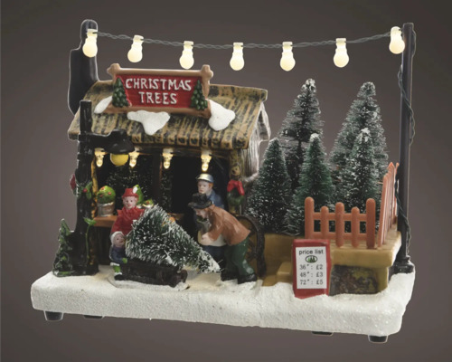 Kerstmarktscène met figuren, kerstbomen en verlichting