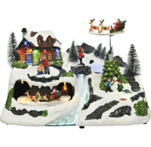 Winterlandschap miniatuur met huis, beek, figuren en draaiende kerstmanslee