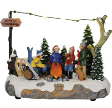 Wintertafereel met figuren, kampvuur en borden