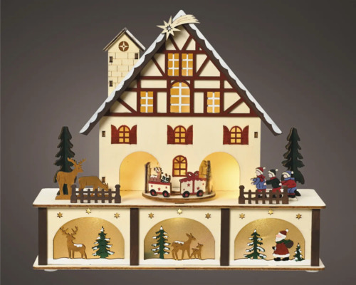 Kerstpiramide met huis, figuren en verlichting