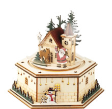 Houten kersthuis met kerstman, rendier en sneeuwpop