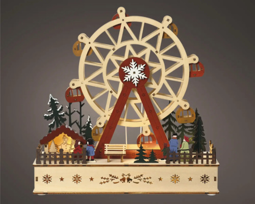 Decoratieve, houten kermisscène met reuzenrad, bomen en figuren