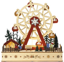 Decoratieve houten miniatuur kermisscène met reuzenrad, bomen en figuren