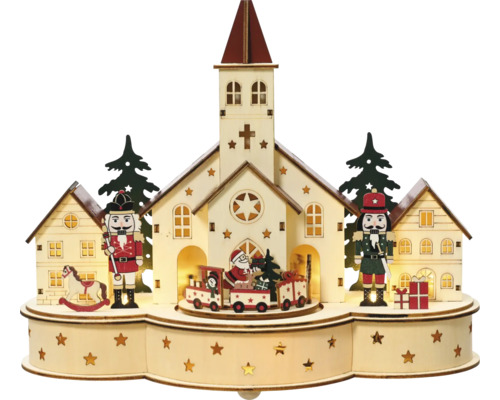 LUMINEO Kerstverlichting LED deco houten kerk 14x30x24,5 cm 9 lampjes warmwit