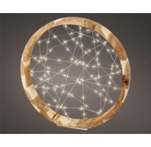 Decoratieve ledlamp in een ronde houten lijst met filigraan draadverlichting