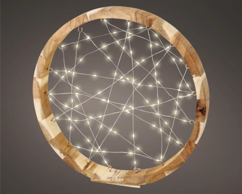 Decoratieve ledlamp in een ronde houten lijst met filigraan draadverlichting