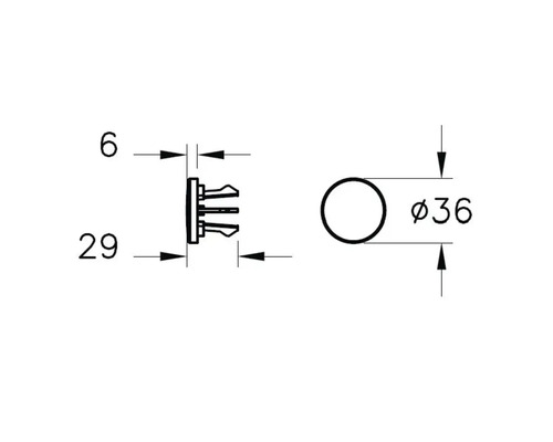 Technische tekening van een stop met de afmetingen 6, 29 en 36 mm diameter.