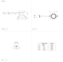 Technische tekening van een inbouwlamp met afmetingen in millimeters en inches.