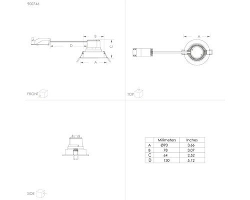 Technische tekening van een inbouwlamp met afmetingen in millimeters en inches.