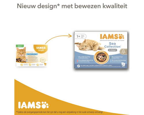 IAMS Kattenvoer delights sea collection in saus 12 x 85 gr Afbeelding toont de verandering in ontwerp van de IAMS Sea Collection kattenvoeding voor volwassen katten.