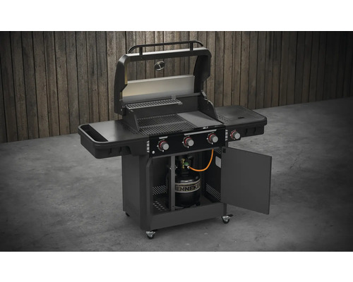Gasbarbecue met grillrooster, grillplaat en open gasflesdeur