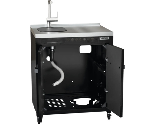 Spoeltafel met spoelbak en kraan, onderkast met open deuren.