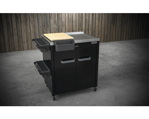 Barbecue trolley met snijplank, opbergvakken en wielen