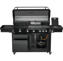 Gasbarbecue met open deksel, zijplanken en opbergruimte voor gasfles