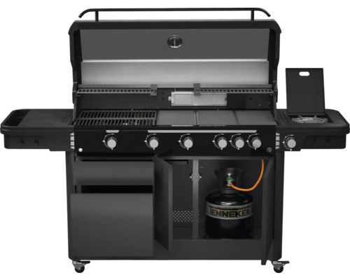 Gasbarbecue met open deksel, zijplanken en opbergruimte voor gasfles