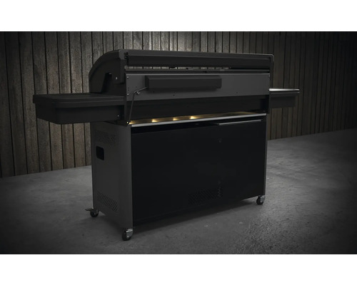 Zwarte barbecue met opbergvakken en wielen