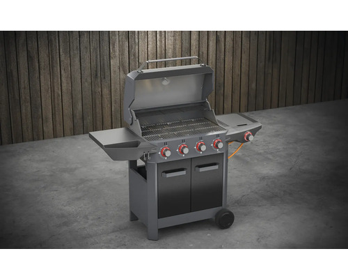 Gasbarbecue met open deksel, vier branders en kast