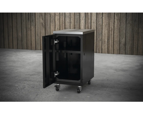 Kastwagen met roestvrijstalen werkblad en open deur.