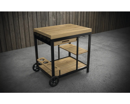 Serveerwagen van metaal en hout met opbergruimte en wielen